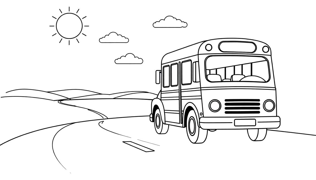 Autobús escolar listo para colorear en un camino rural soleado, con una placa de color.