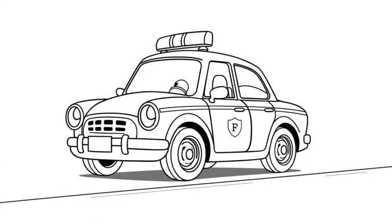 Un coche de policía amigable listo para colorear, con sirenas y luces grandes. Sin colores, solo contornos. ¡Añade tu propia placa de color!