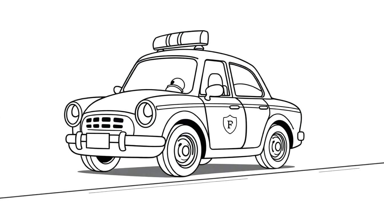 Un coche de policía amigable listo para colorear, con sirenas y luces grandes. Sin colores, solo contornos. ¡Añade tu propia placa de color!