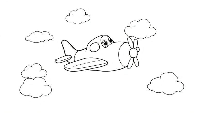 Placa de color de un avión de dibujos animados amigable volando entre nubes.