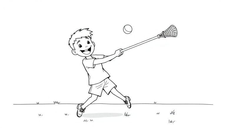 Placa de color: Un niño sonriente con un palo de lacrosse en la mano listo para golpear una pelota flotando en el aire.
