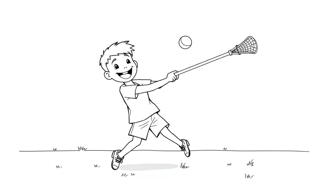 Placa de color: Un niño sonriente con un palo de lacrosse en la mano listo para golpear una pelota flotando en el aire.