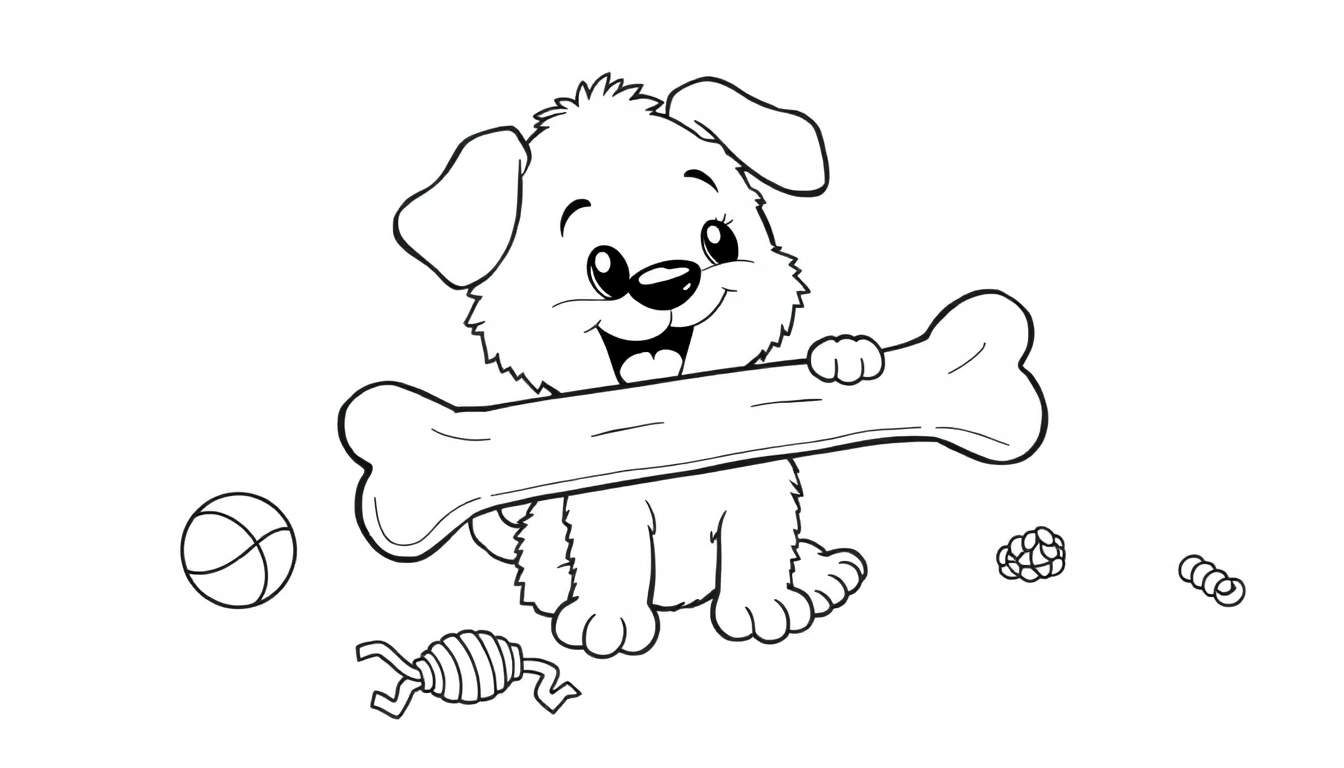 Placa de color de un cachorro feliz con un hueso y juguetes.