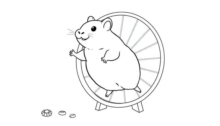 Ilustración en blanco y negro de un hámster tierno saludando junto a una rueda de ejercicio, lista para colorear. Incluye golosinas de hámster, ideal para la diversión creativa. Una placa de color completa la escena.