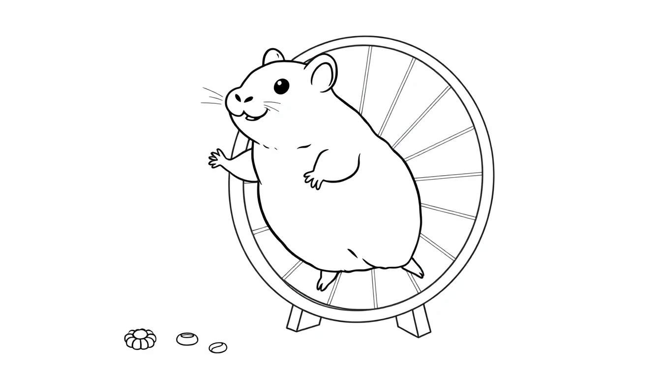 Ilustración en blanco y negro de un hámster tierno saludando junto a una rueda de ejercicio, lista para colorear. Incluye golosinas de hámster, ideal para la diversión creativa. Una placa de color completa la escena.