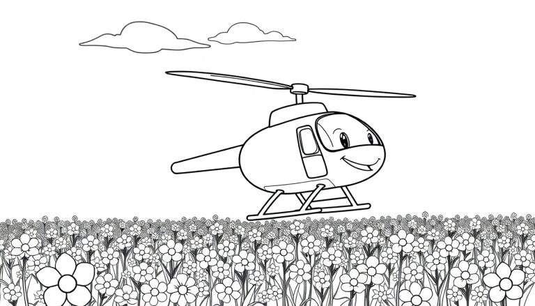Placa de color de un helicóptero sonriente volando sobre flores.