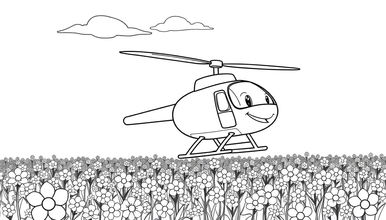 Placa de color de un helicóptero sonriente volando sobre flores.