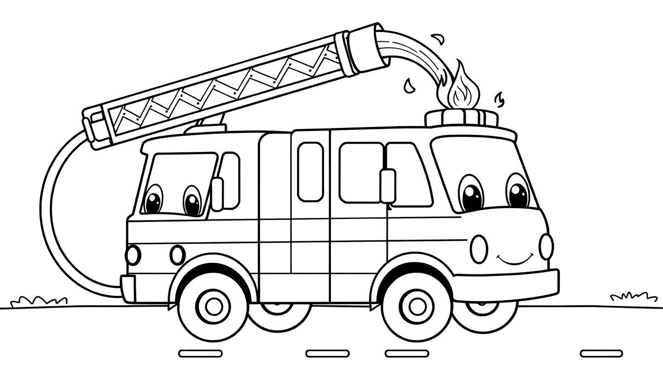 Un camión de bomberos de dibujos animados sonriente listo para pintar, con una manguera lanzando un chorro de color.