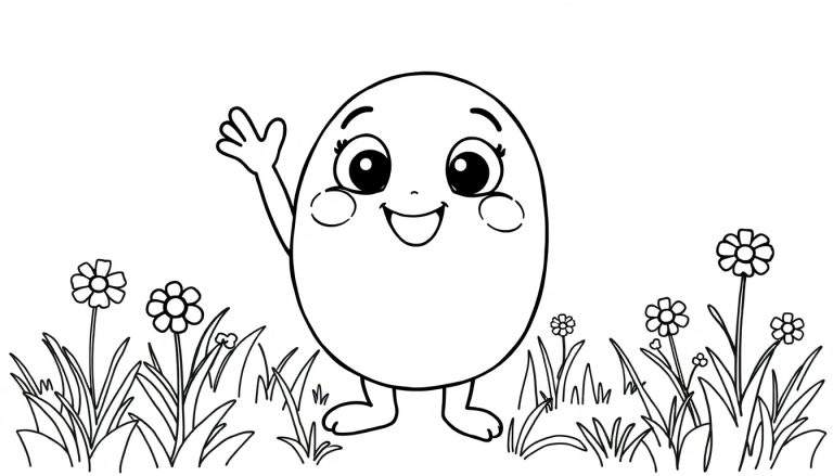 Personaje de huevo para colorear con saludo en un campo de flores, placa de color.