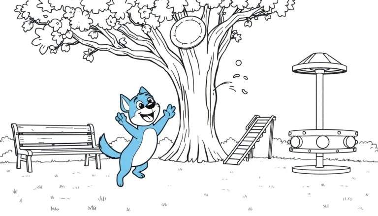 Página para colorear de Bluey y Bingo jugando en el parque, con un perro azul levantando las patas, un árbol con un disco, una corredera y un tiovivo. ¡Una placa de color divertida para todos!