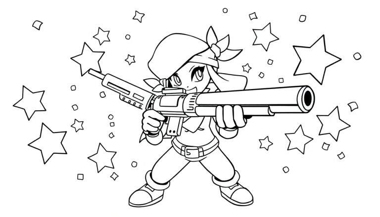 Página para colorear de Shelly con una pistola grande y estrellas.