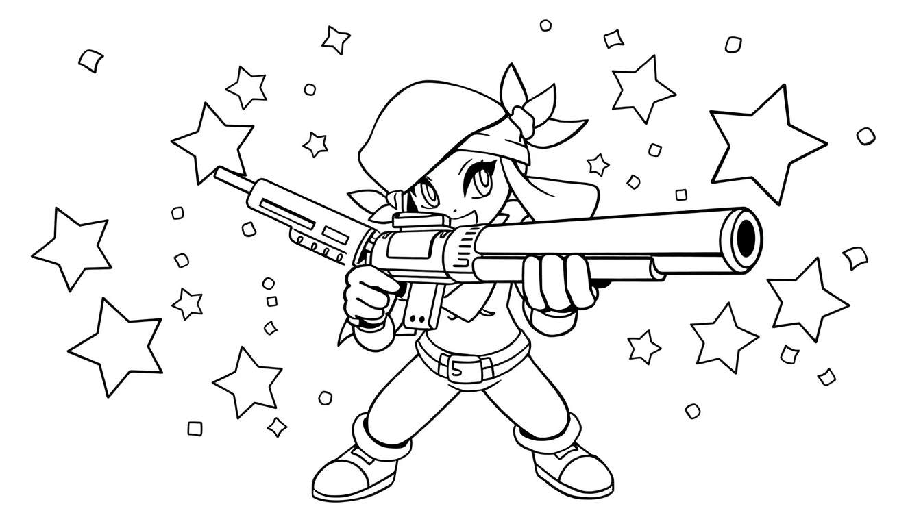 Página para colorear de Shelly con una pistola grande y estrellas.