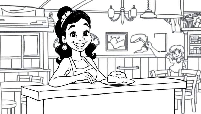 Una niña saluda mientras Tiana sonríe detrás del mostrador de su restaurante, listo para ser coloreado.