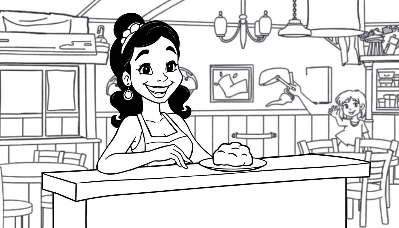 Una niña saluda mientras Tiana sonríe detrás del mostrador de su restaurante, listo para ser coloreado.