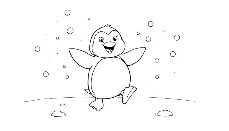 Un pingüino sonriente dibujado con líneas negras sobre un fondo blanco, listo para colorear, con copos de nieve de fondo.