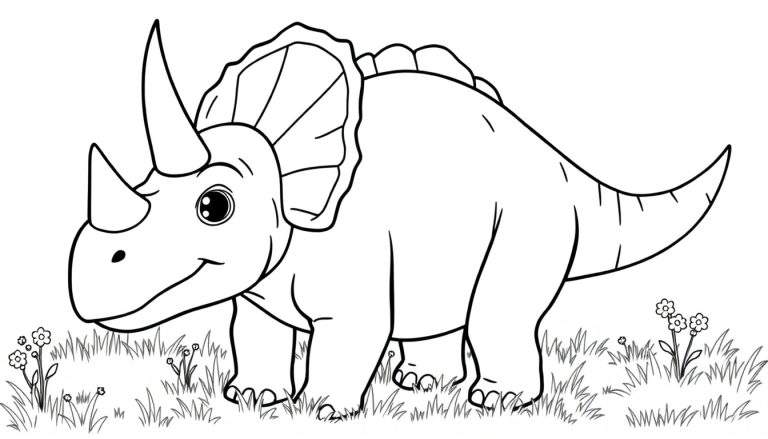 Un lindo triceratops listo para ser coloreado, con tres cuernos y un volante en la placa de color.