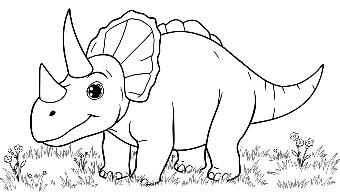 Un lindo triceratops listo para ser coloreado, con tres cuernos y un volante en la placa de color.
