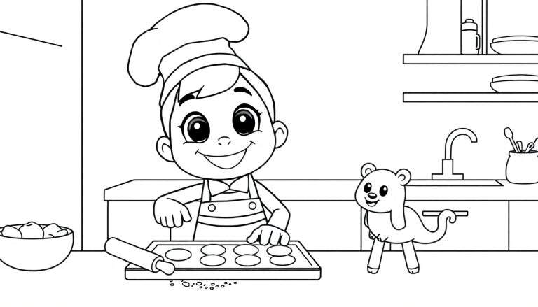 Placa de color para niños: un niño chef y un oso horneando galletas.