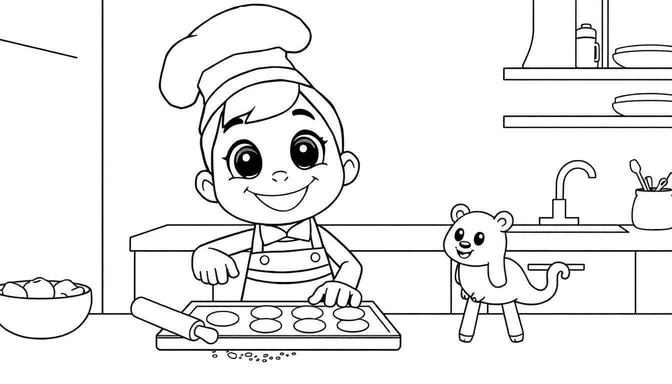 Placa de color para niños: un niño chef y un oso horneando galletas.