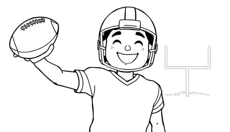 Niño sonriente con casco de fútbol americano sosteniendo un balón, listo para lanzar, con un poste de gol de fondo.