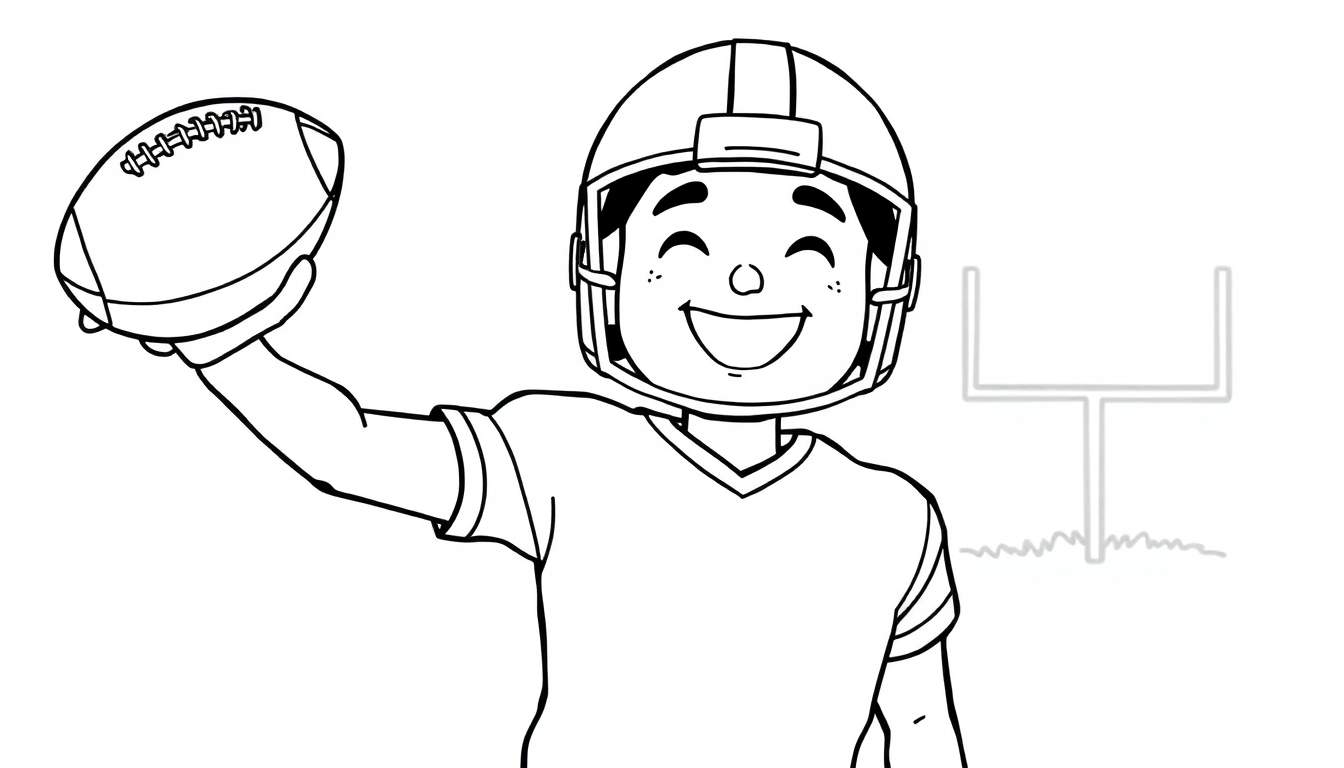 Niño sonriente con casco de fútbol americano sosteniendo un balón, listo para lanzar, con un poste de gol de fondo.