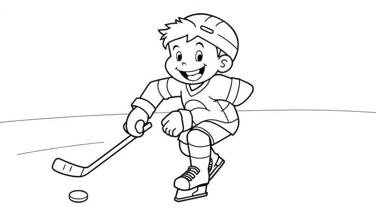 Un niño sonriente jugando al hockey sobre hielo, listo para marcar un gol en una página para colorear de placa de color.