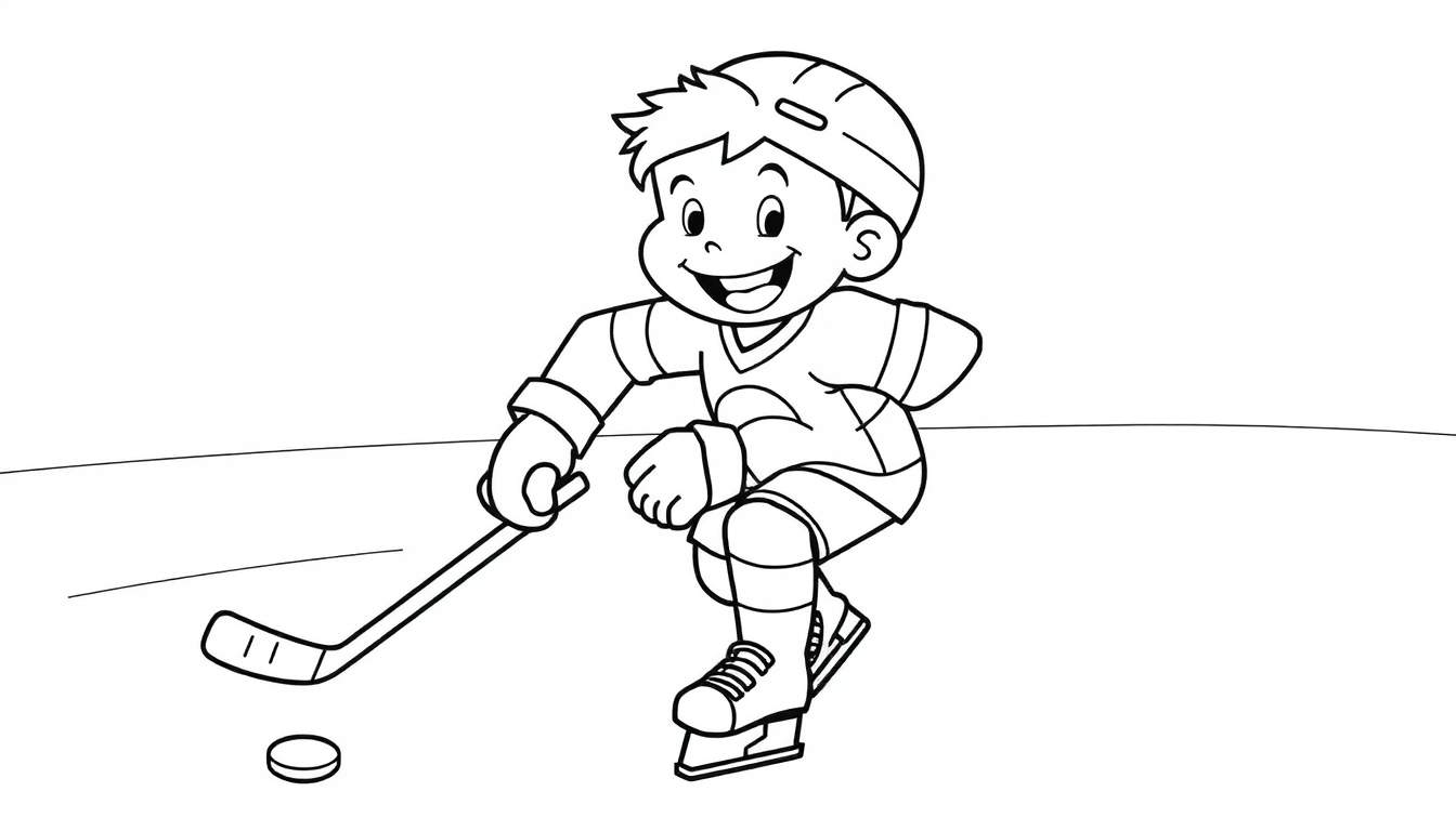 Un niño sonriente jugando al hockey sobre hielo, listo para marcar un gol en una página para colorear de placa de color.