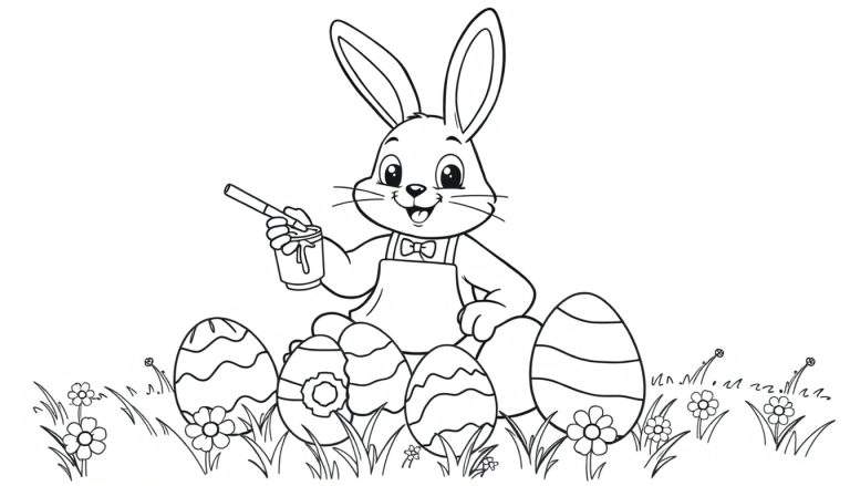 Placa de color de un conejito de Pascua amigable pintando huevos.