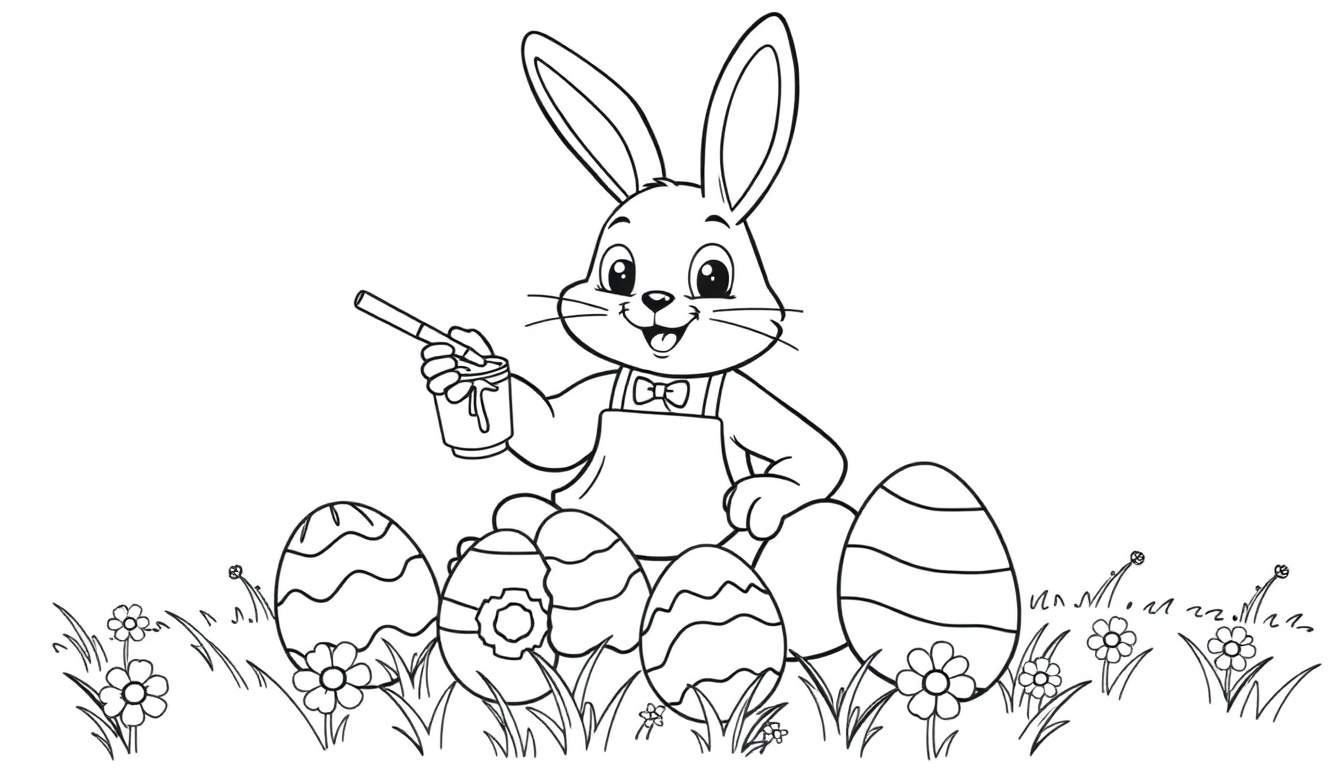 Placa de color de un conejito de Pascua amigable pintando huevos.