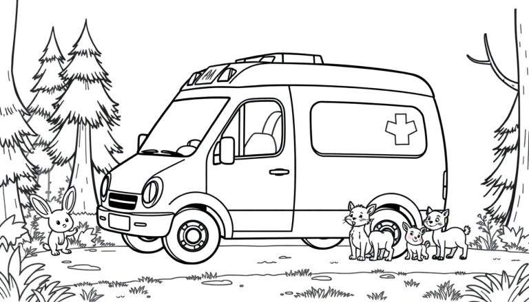 Placa de color de una ambulancia de dibujos animados con un conejo y perros.