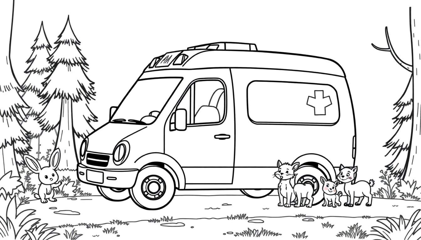 Placa de color de una ambulancia de dibujos animados con un conejo y perros.