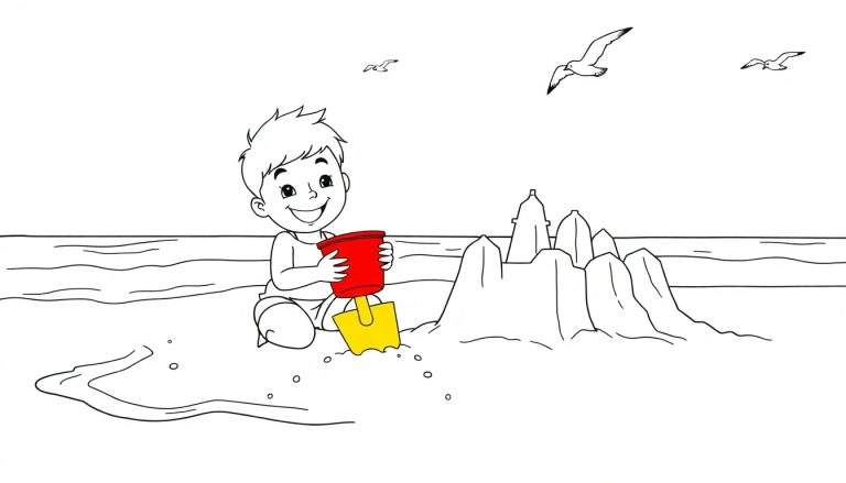 Un niño sonriente con un cubo rojo y una pala amarilla construyendo un castillo de arena, con el mar y gaviotas al fondo.