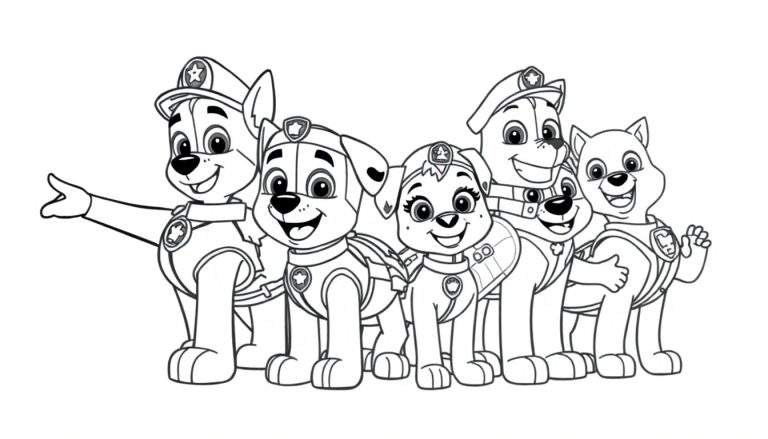 La Patrulla Canina lista para colorear con sus placas, página para colorear