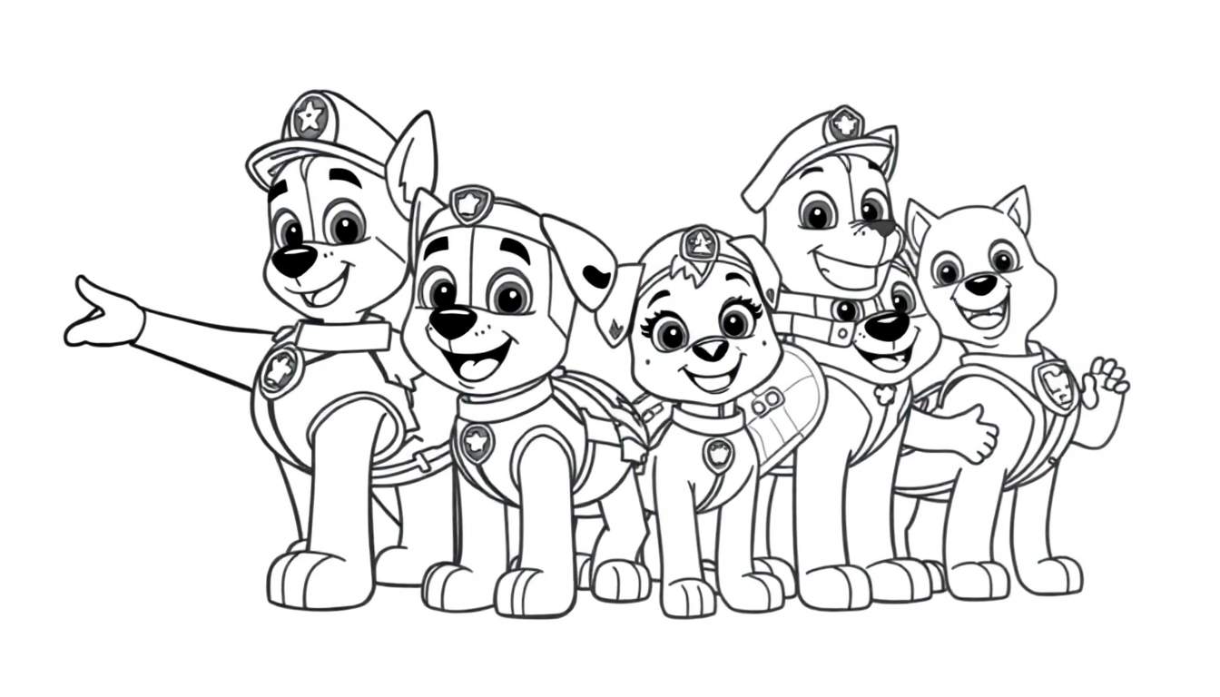 La Patrulla Canina lista para colorear con sus placas, página para colorear
