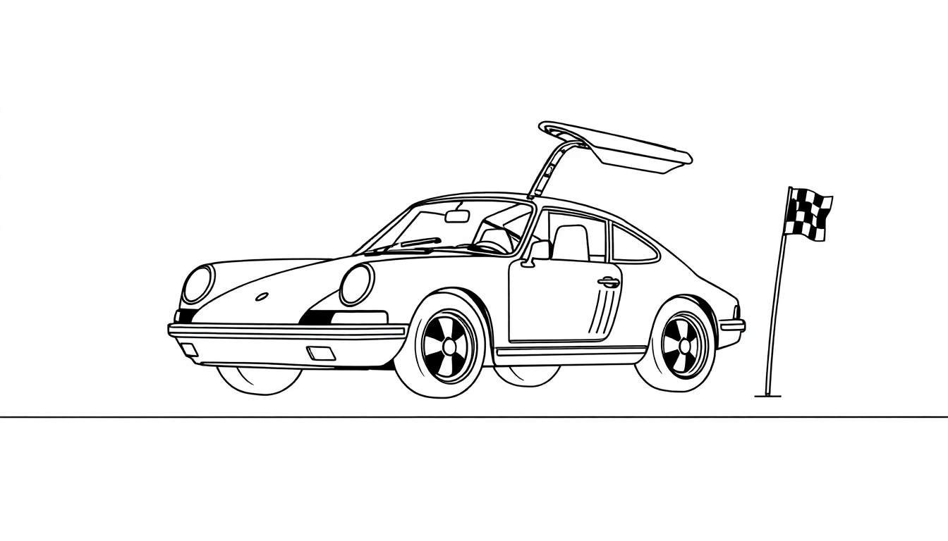 Un coche de carreras clásico tipo Porsche con puertas de ala de gaviota abiertas, junto a una bandera a cuadros, todo dibujado con líneas negras sobre fondo blanco.