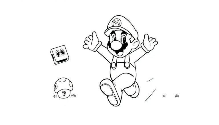 Página para colorear de Mario saltando feliz en el Reino Champiñón, con un bloque sorpresa y un champiñón con signo de interrogación.