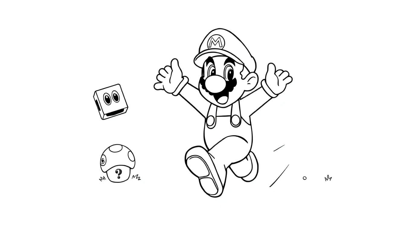 Página para colorear de Mario saltando feliz en el Reino Champiñón, con un bloque sorpresa y un champiñón con signo de interrogación.