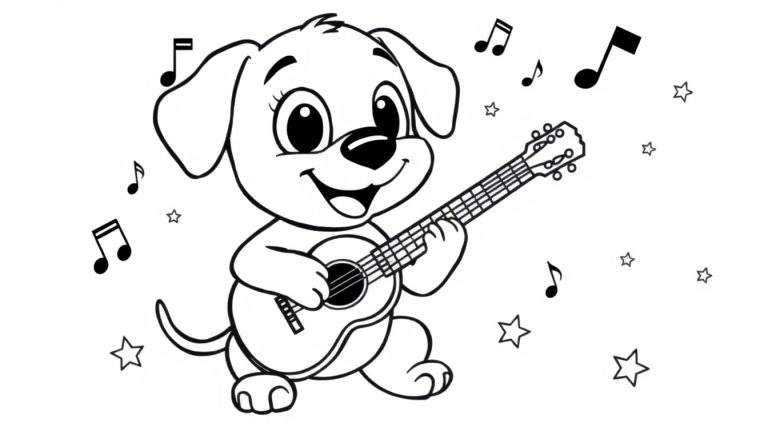 Un cachorro animado tocando la guitarra, listo para la placa de color.