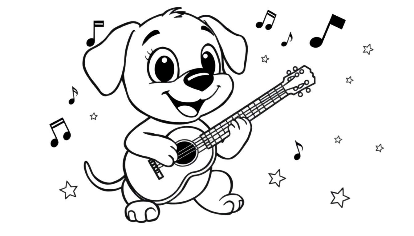 Un cachorro animado tocando la guitarra, listo para la placa de color.