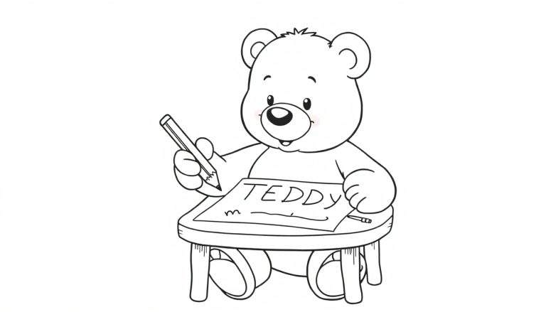 Un oso de peluche sentado en una mesa escribiendo la palabra TEDDY con un lápiz, en una página para colorear en blanco y negro.