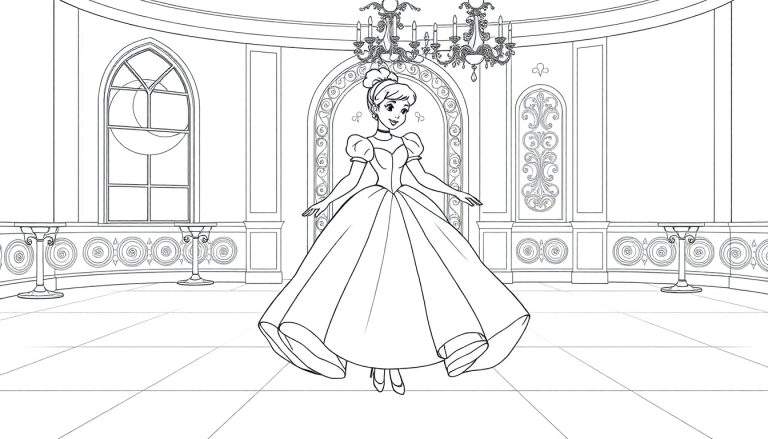 Página para colorear de una princesa sonriente en un gran salón de baile, lista para un baile, con arcos y una lámpara de araña, como una placa de color.