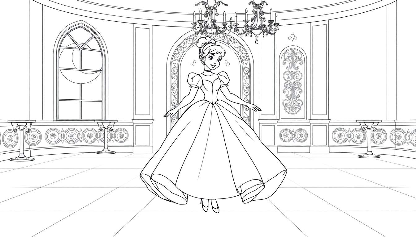 Página para colorear de una princesa sonriente en un gran salón de baile, lista para un baile, con arcos y una lámpara de araña, como una placa de color.