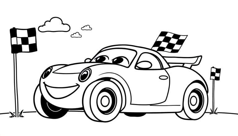 Coche de dibujos animados amigable cruzando la línea de meta con banderas a cuadros, listo para la placa de color.