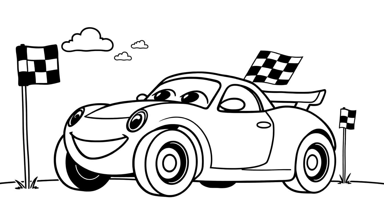 Coche de dibujos animados amigable cruzando la línea de meta con banderas a cuadros, listo para la placa de color.
