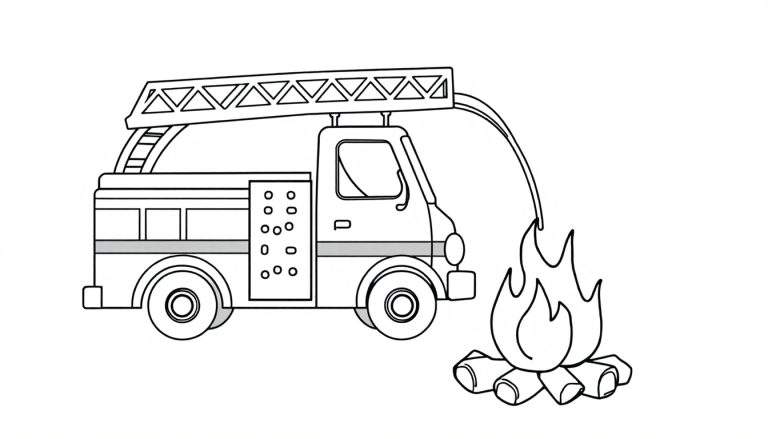 Un camión de bomberos de dibujos animados con una gran escalera roja, listo para apagar un fuego con su manguera. Placa de color para colorear.