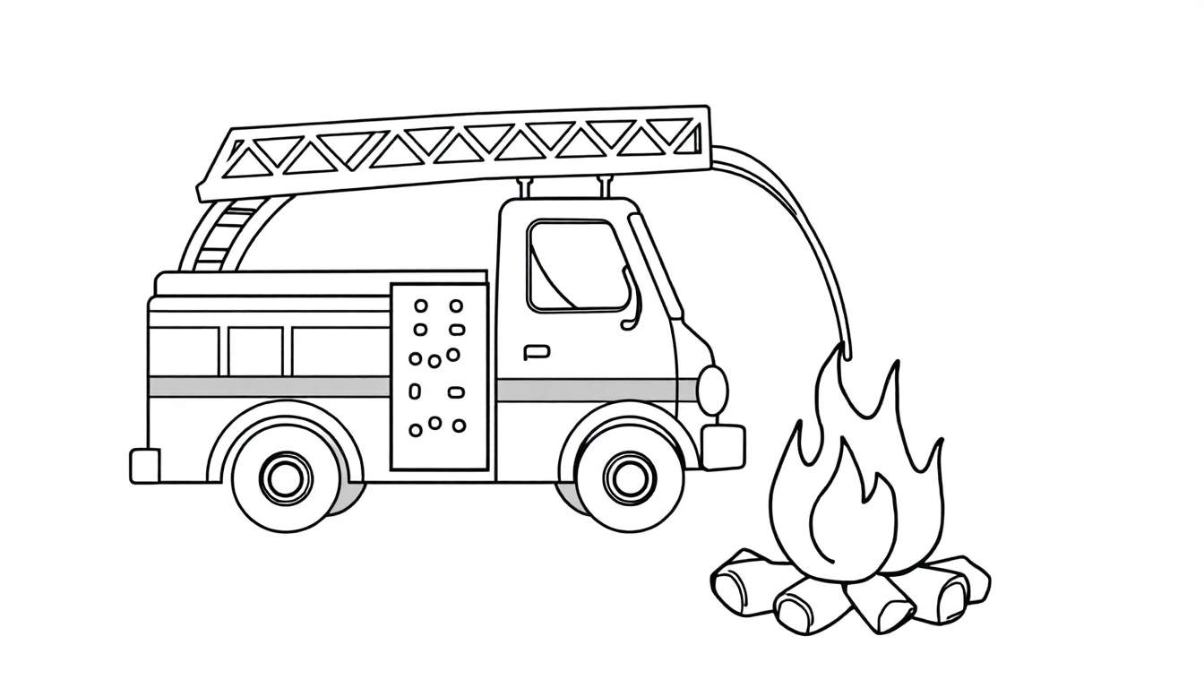 Un camión de bomberos de dibujos animados con una gran escalera roja, listo para apagar un fuego con su manguera. Placa de color para colorear.