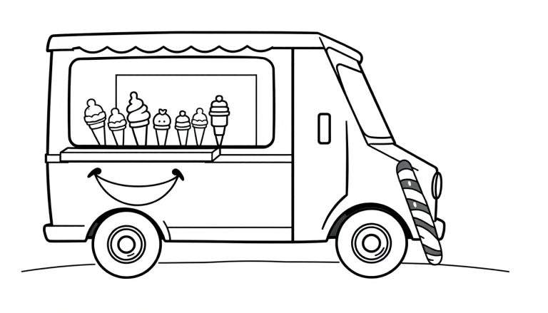 Un camión de helados sonriente listo para ser coloreado, con conos de helado en la ventana y una raya de caramelo cerca del faro, con la placa de color en blanco y negro.