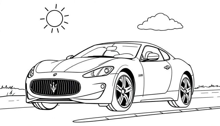 Un coche deportivo Maserati negro con contornos para colorear, con el sol y una nube en el cielo.