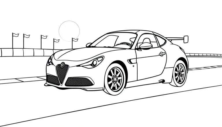Un coche de carreras Alfa Romeo listo para ser pintado, con líneas negras que definen su forma elegante. La placa de color resalta los detalles para niños.