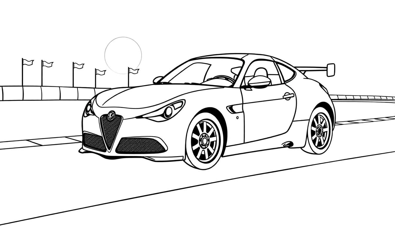 Un coche de carreras Alfa Romeo listo para ser pintado, con líneas negras que definen su forma elegante. La placa de color resalta los detalles para niños.